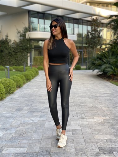 Siyah Yüksek Bel Kadın Mat Deri Tayt