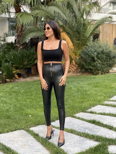 Siyah Yüksek Bel Korseli Fermuarlı Mat Kadın Deri Tayt