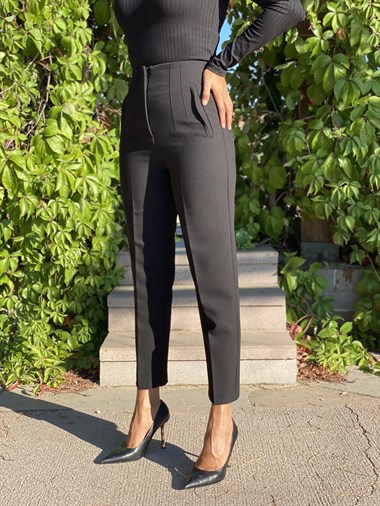 Siyah Yüksek Bel Önü Flatolu Kadın Pantolon
