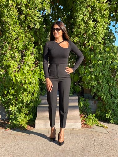 Siyah Yüksek Bel Önü Flatolu Kadın Pantolon