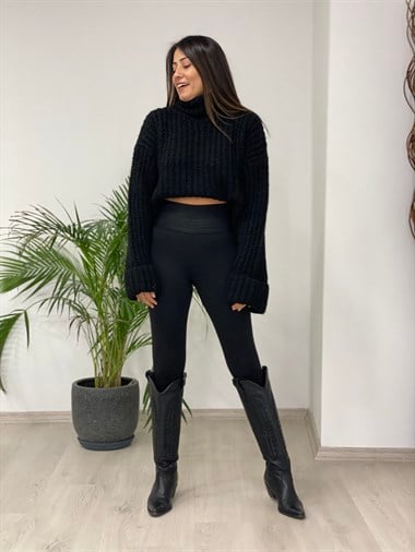 Siyah Yüksek Bel Örgü Çelik Kadın Tayt