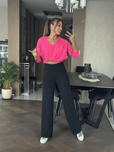 Siyah Yumoş Beli Lastikli Bol Paça Kadın Pantolon