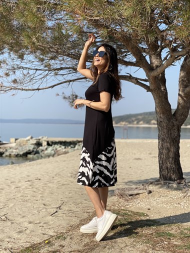 Siyah Zebra Desen Basic Elbise