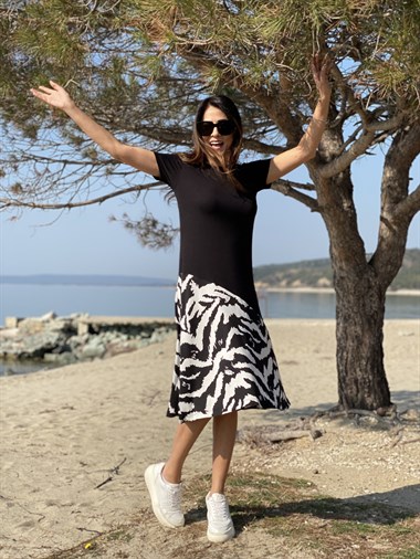 Siyah Zebra Desen Basic Elbise