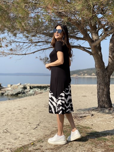 Siyah Zebra Desen Basic Elbise