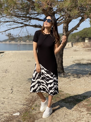 Siyah Zebra Desen Basic Elbise