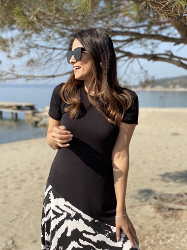Siyah Zebra Desen Basic Elbise