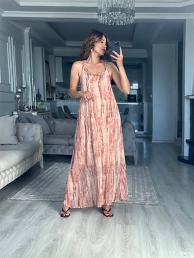 Somon Halka Aksesuarlı Askılı Maxi Boy Kadın Elbise
