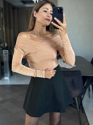 Somon Ön Ve Arka Kruvaze Yaka Yanları Büzgülü Buzzy Kadın Bluz