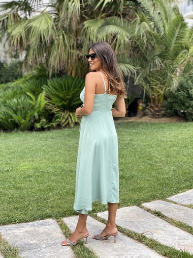 Su Yeşili Askılı Kruvaze Yaka Bağcıklı Aerobin Kadın Elbise