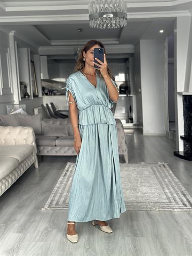 Su Yeşili Crushlı Luna Bluz Etek Kadın İkili Takım