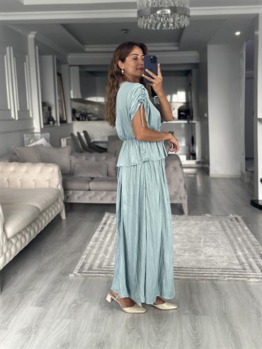 Su Yeşili Crushlı Luna Bluz Etek Kadın İkili Takım