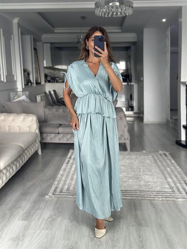 Su Yeşili Crushlı Luna Bluz Etek Kadın İkili Takım