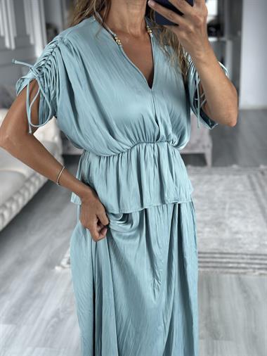 Su Yeşili Crushlı Luna Bluz Etek Kadın İkili Takım