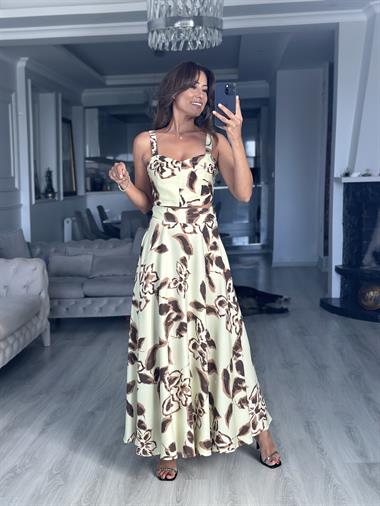 Su Yeşili Desenli Arkası Gipeli Crop Bluz Etek Kadın Takım