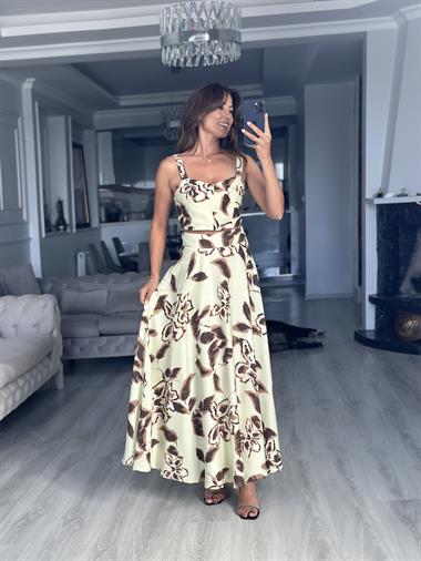 Su Yeşili Desenli Arkası Gipeli Crop Bluz Etek Kadın Takım