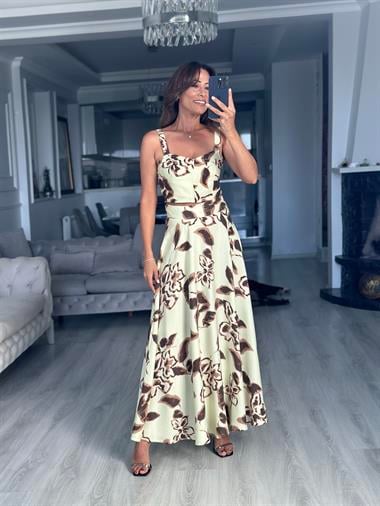 Su Yeşili Desenli Arkası Gipeli Crop Bluz Etek Kadın Takım