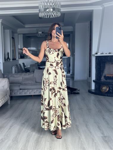 Su Yeşili Desenli Arkası Gipeli Crop Bluz Etek Kadın Takım