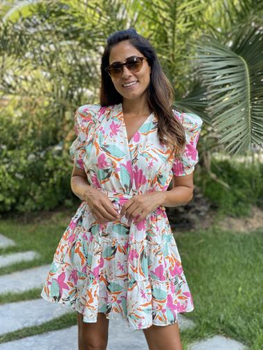 Su Yeşili Desenli Balon Kol Vatkalı V Yaka Kadın Elbise