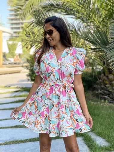 Su Yeşili Desenli Balon Kol Vatkalı V Yaka Kadın Elbise