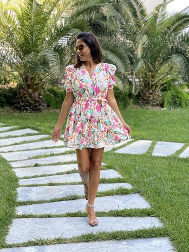 Su Yeşili Desenli Balon Kol Vatkalı V Yaka Kadın Elbise