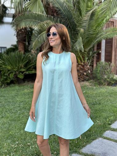 Su Yeşili Sıfır Kol Ham Keten Çan Kadın Elbise