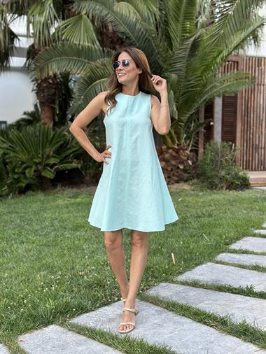 Su Yeşili Sıfır Kol Ham Keten Çan Kadın Elbise