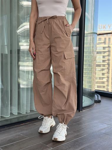 Camel Cebi Kapaklı Paça Bağcıklı Paraşüt Kadın Pantolon