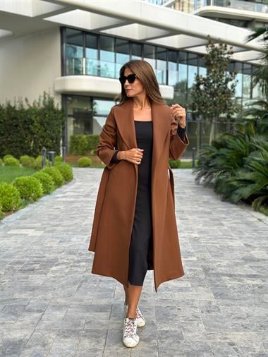 Taba Kuşaklı Bornoz Model Kaşe Kadın Kaban