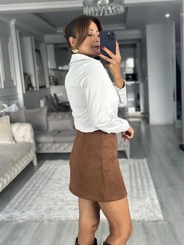 Taba Süet Arkası Fermuarlı Kadın Mini Etek