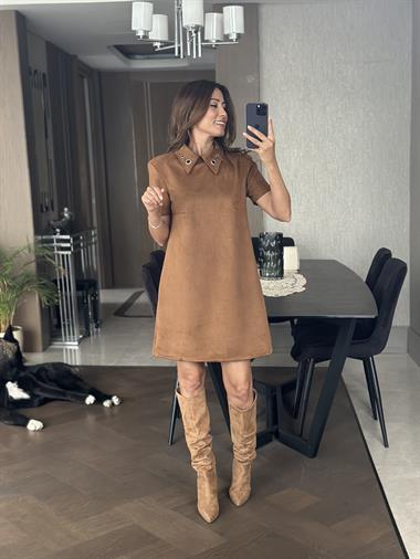 Taba Süet Yakası Kuşgözlü Vatkalı Kısakol Kadın Çan Elbise