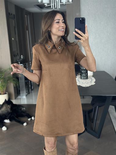 Taba Süet Yakası Kuşgözlü Vatkalı Kısakol Kadın Çan Elbise