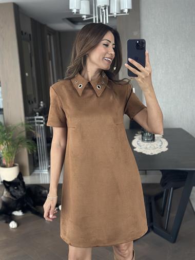 Taba Süet Yakası Kuşgözlü Vatkalı Kısakol Kadın Çan Elbise