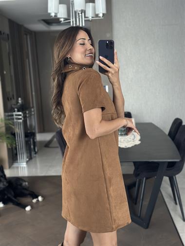 Taba Süet Yakası Kuşgözlü Vatkalı Kısakol Kadın Çan Elbise