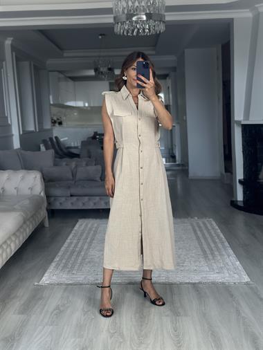 Taş Apoletli Sıfır Kol Midi Boy Kadın Gömlek Elbise