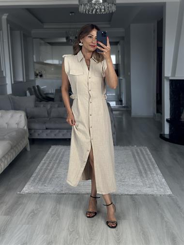 Taş Apoletli Sıfır Kol Midi Boy Kadın Gömlek Elbise