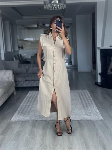 Taş Apoletli Sıfır Kol Midi Boy Kadın Gömlek Elbise