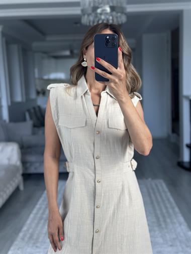 Taş Apoletli Sıfır Kol Midi Boy Kadın Gömlek Elbise