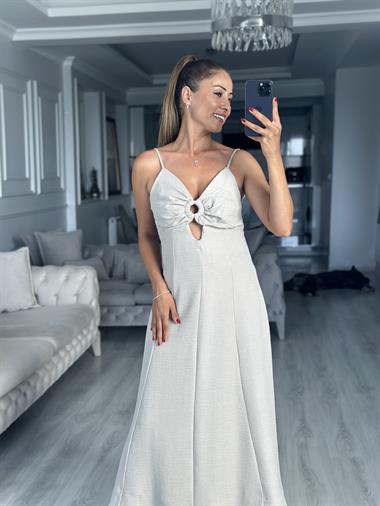 Taş Ayarlanabilir İp Askılı Dekolteli Parçalı Midi Boy Kadın Elbise