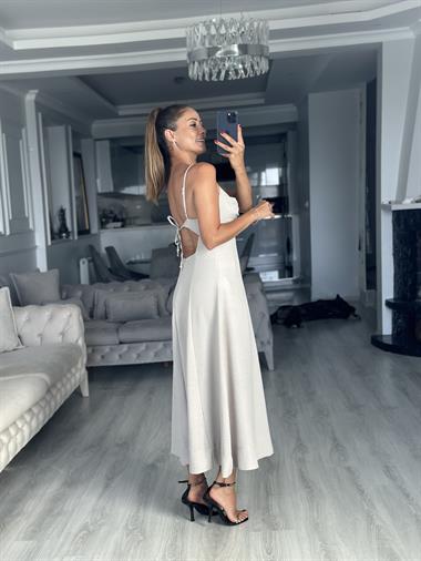 Taş Ayarlanabilir İp Askılı Dekolteli Parçalı Midi Boy Kadın Elbise
