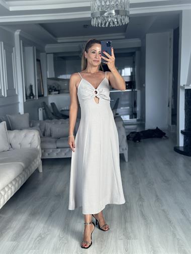 Taş Ayarlanabilir İp Askılı Dekolteli Parçalı Midi Boy Kadın Elbise