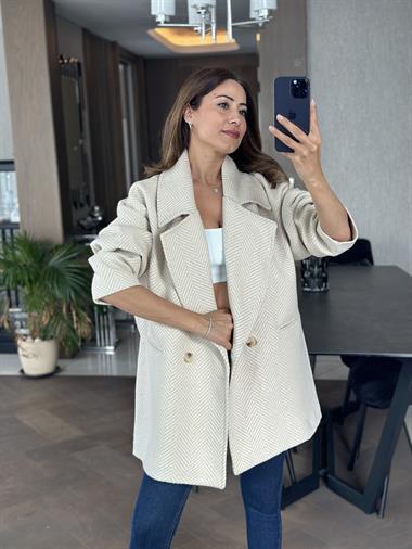 Taş Balıksırtı Oversize Kadın Kaşe Kaban