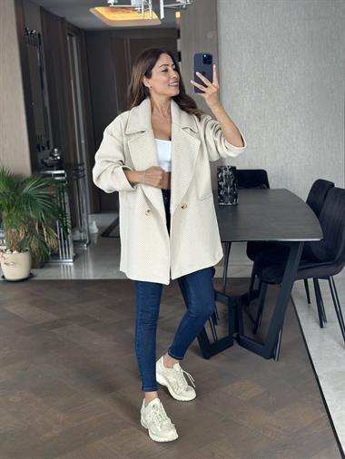 Taş Balıksırtı Oversize Kadın Kaşe Kaban