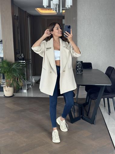 Taş Balıksırtı Oversize Kadın Kaşe Kaban