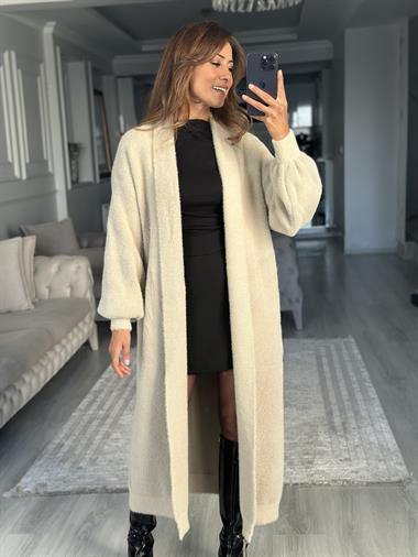 Taş Balon Kol Sakallı Uzun Kadın Triko Hırka 