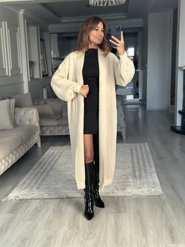 Taş Balon Kol Sakallı Uzun Kadın Triko Hırka 