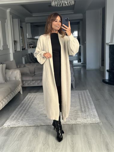 Taş Balon Kol Sakallı Uzun Kadın Triko Hırka 