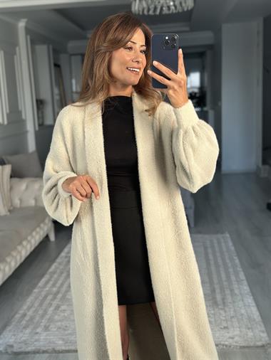 Taş Balon Kol Sakallı Uzun Kadın Triko Hırka 