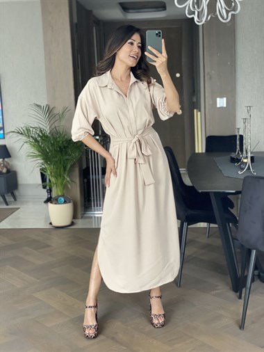 Taş Bel Pilili Kuşaklı Elbise