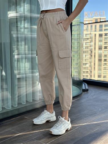 Bej Bel Ve Paça Lastikli Komando Kadın Pantolon